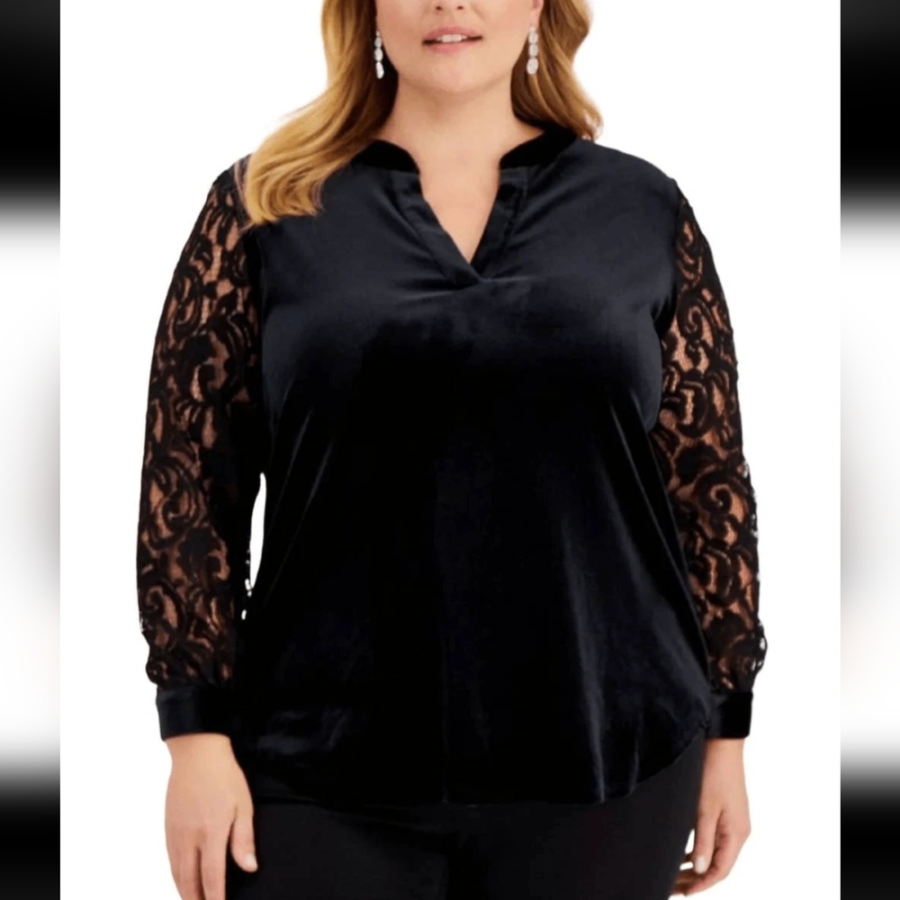 Kasper Plus Split Vneck Velvet Lace Longsleeve Top - Picture 1 of 10